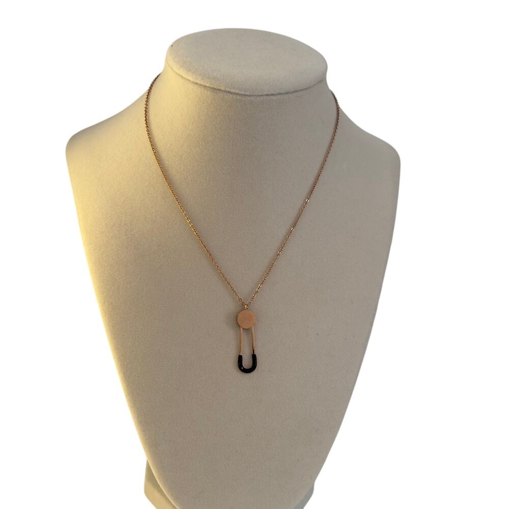 Rose Gold Safety Pin Pendant Necklace Black Crystal Minimalist Women Jewelry - Picture 6 of 6